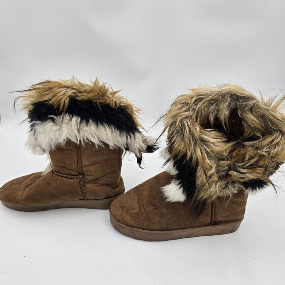 Brown Suede Faux Fur Lined Winter Boots With Multicolor Fur Trim - Picture 3 of 8